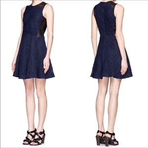 Rag & Bone Basha Navy Lamb Leather Trim Mesh Size 12 Skater Dress quiet luxury